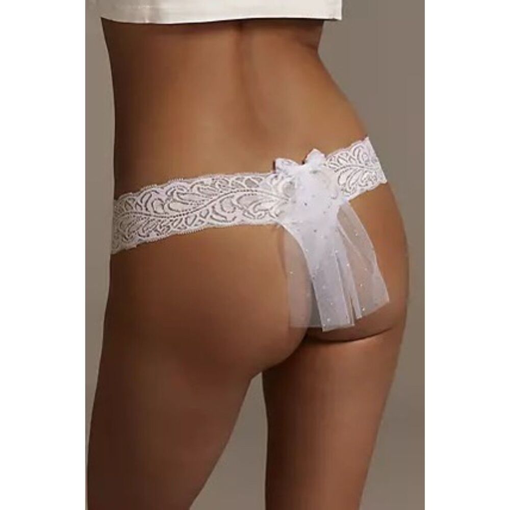 White Bridal Veil Thong Panties NEW With Tags XS/S Stretchy Waist Band